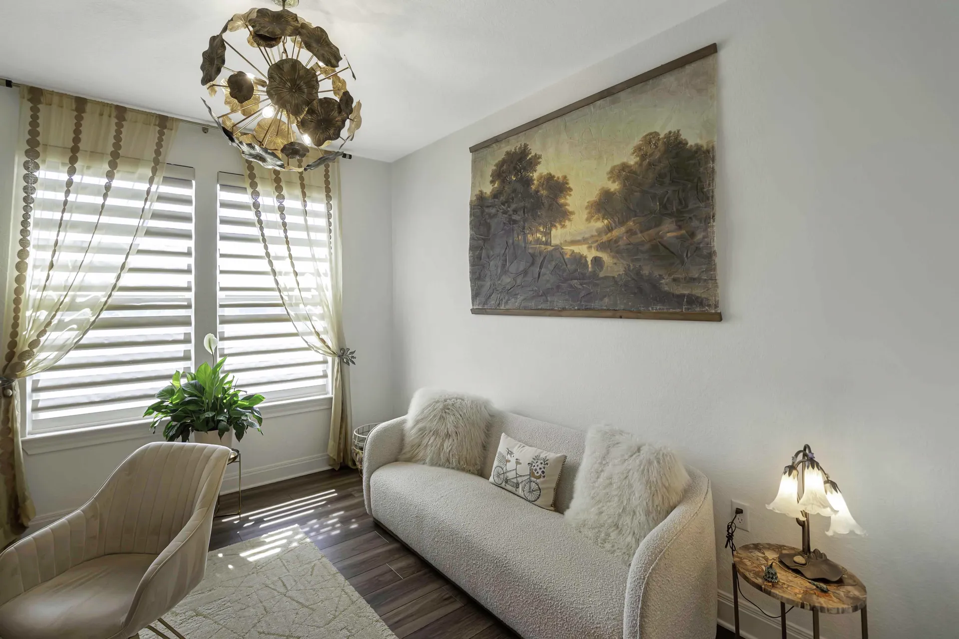 Home office with floating shelves, desk and modern chair