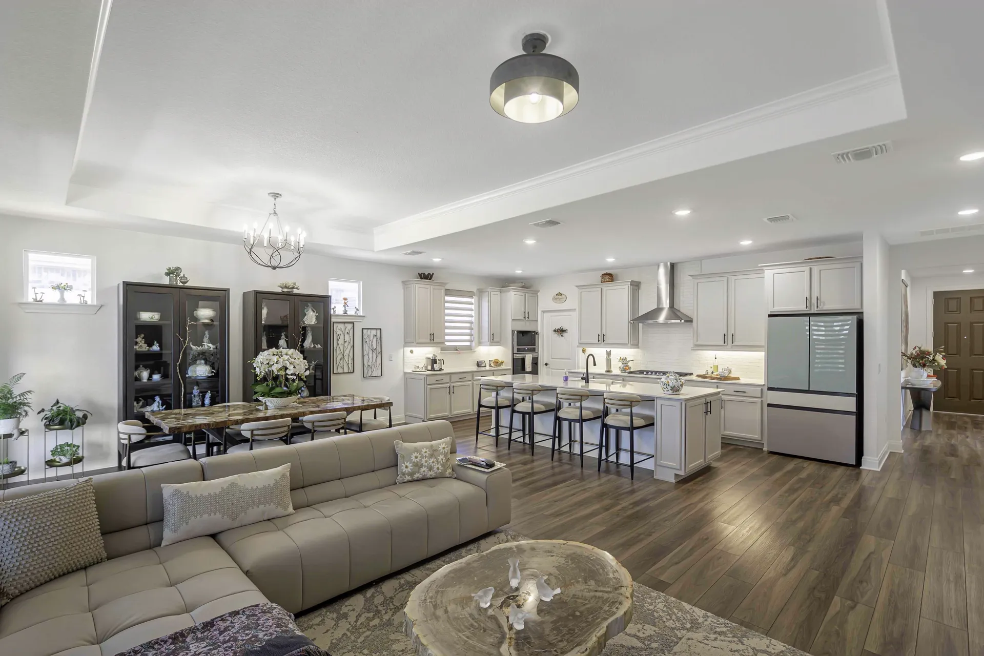 Open living and kitchen with tray ceiling and designer furnishings